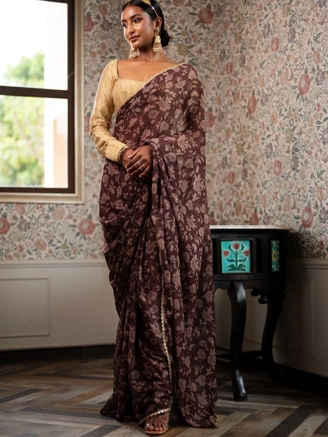 saaki brown floral printed embellished saree