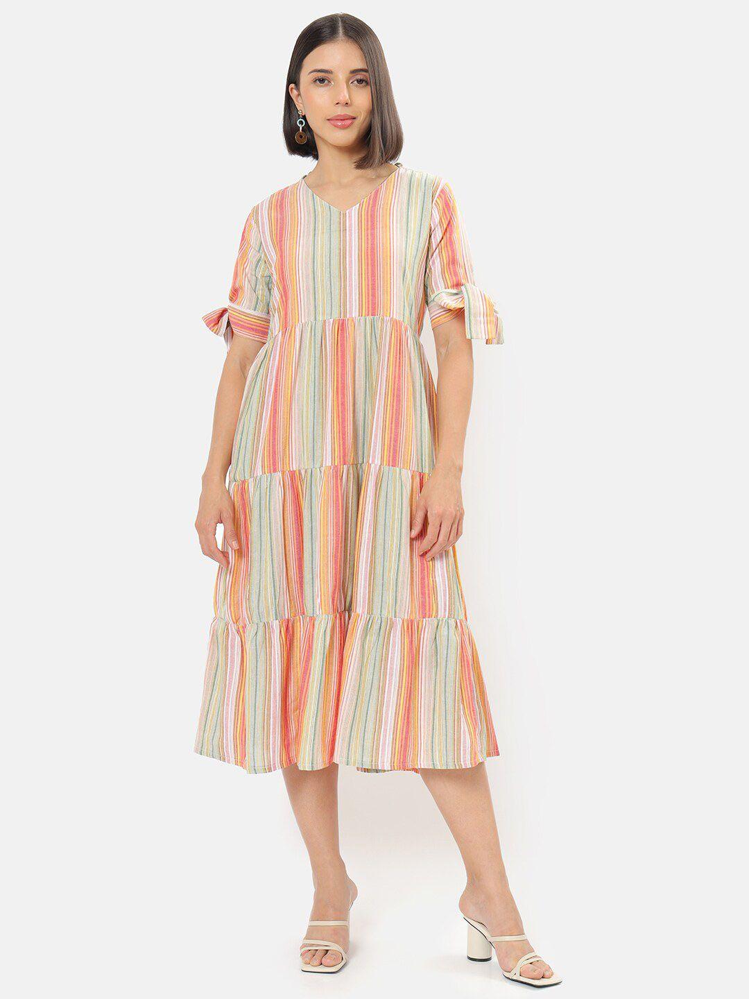 saaki cream-coloured & pink striped a-line midi dress