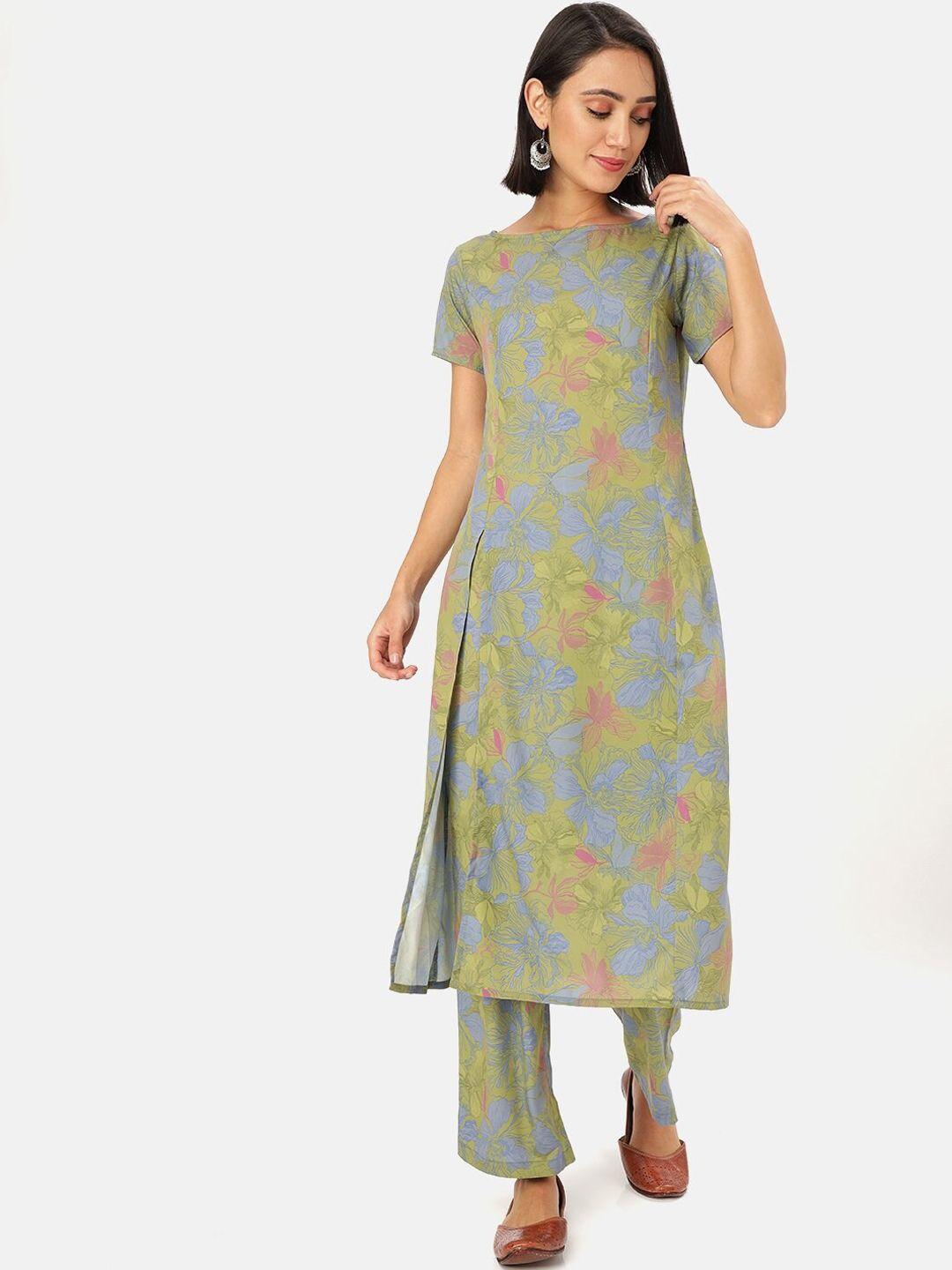 saaki floral printed boat neck high-slit a-line kurta with trousers