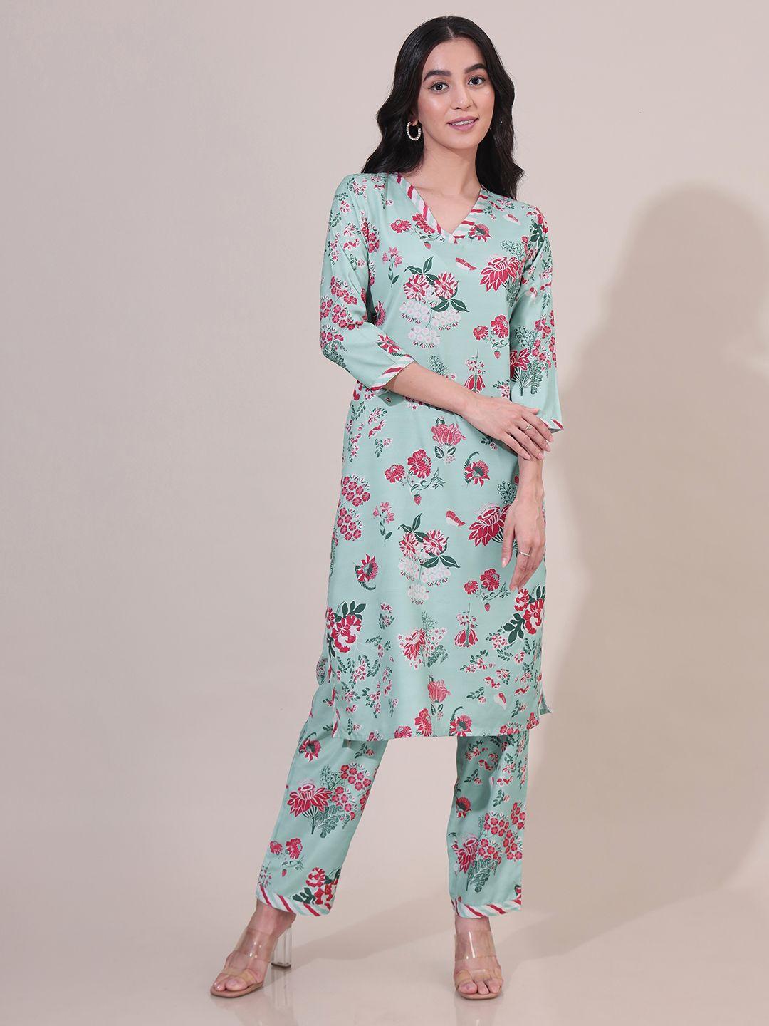 saaki floral printed v-neck straight kurta with trousers