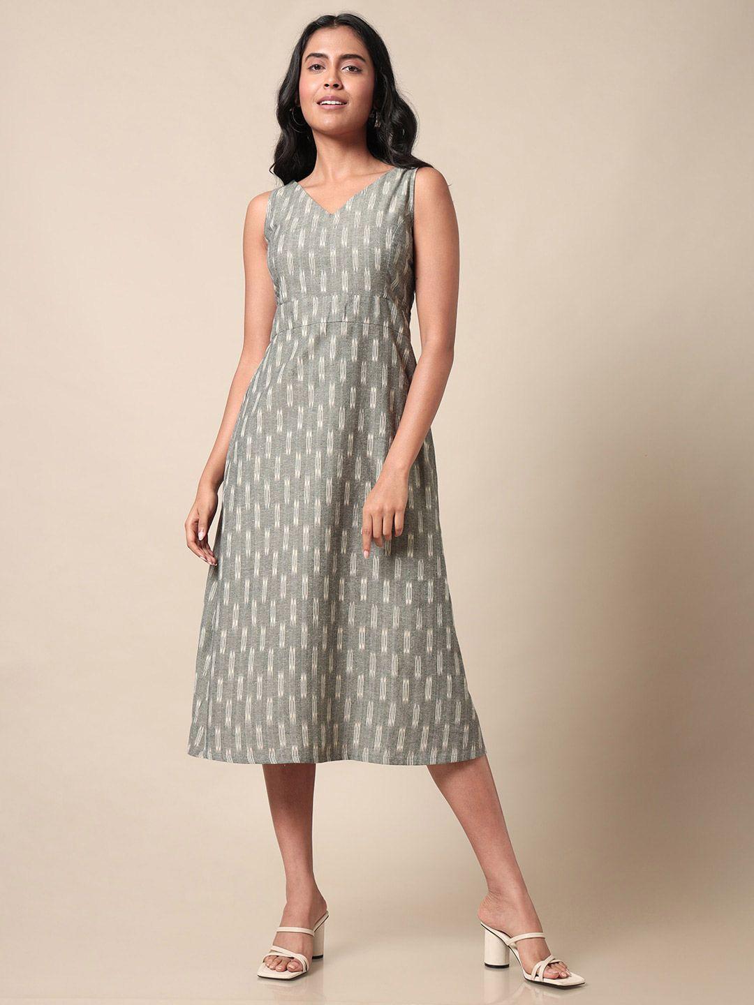 saaki geometric printed v-neck sleeveless gathered cotton a-line midi dress
