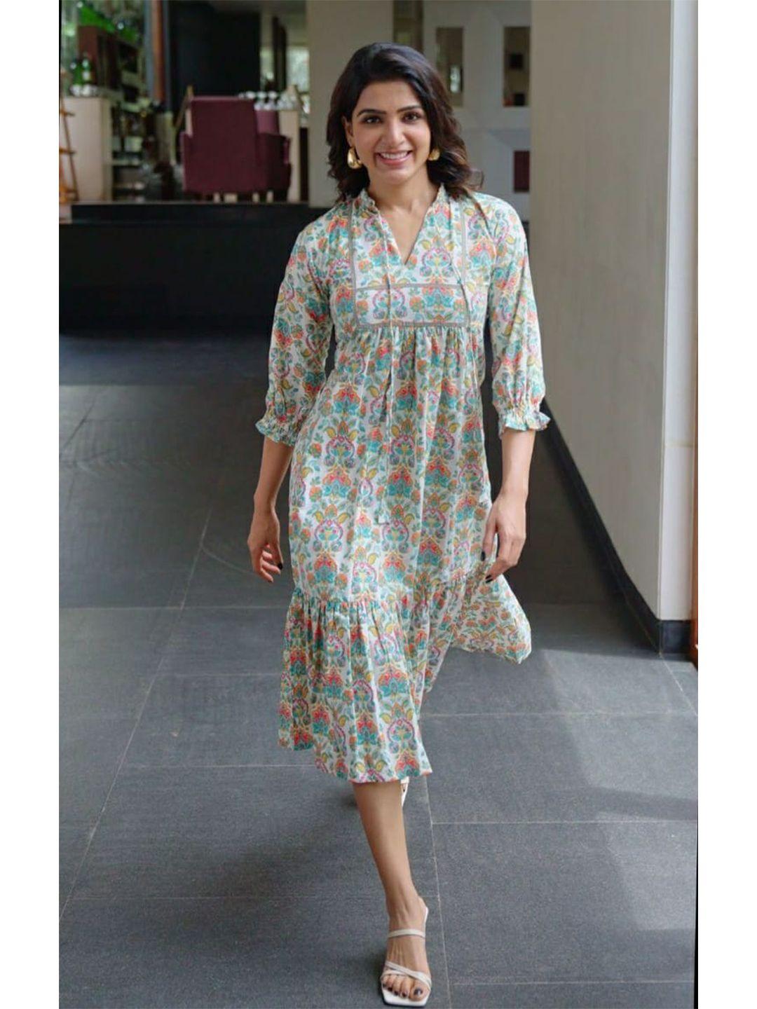 saaki multicoloured ethnic motifs tie-up neck ethnic cotton a-line midi dress