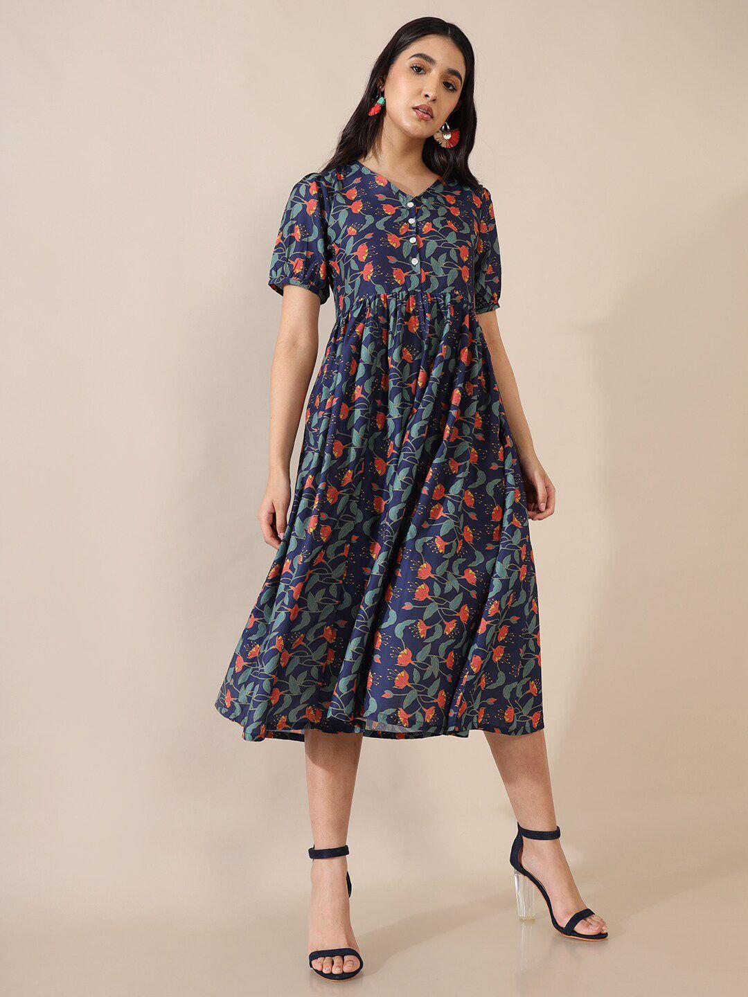 saaki navy blue & peach-coloured floral printed midi dress