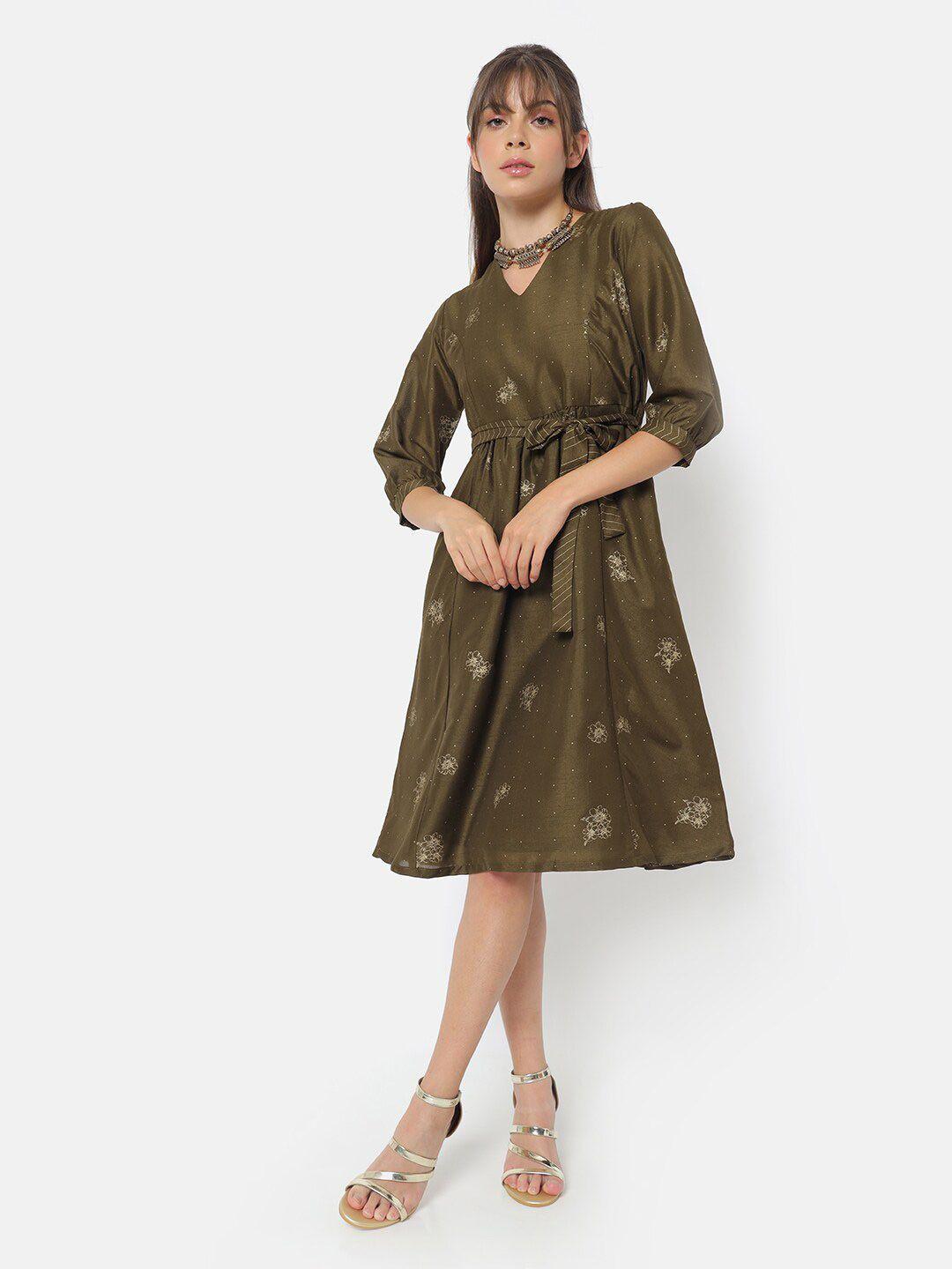 saaki olive green floral printed gathered dress