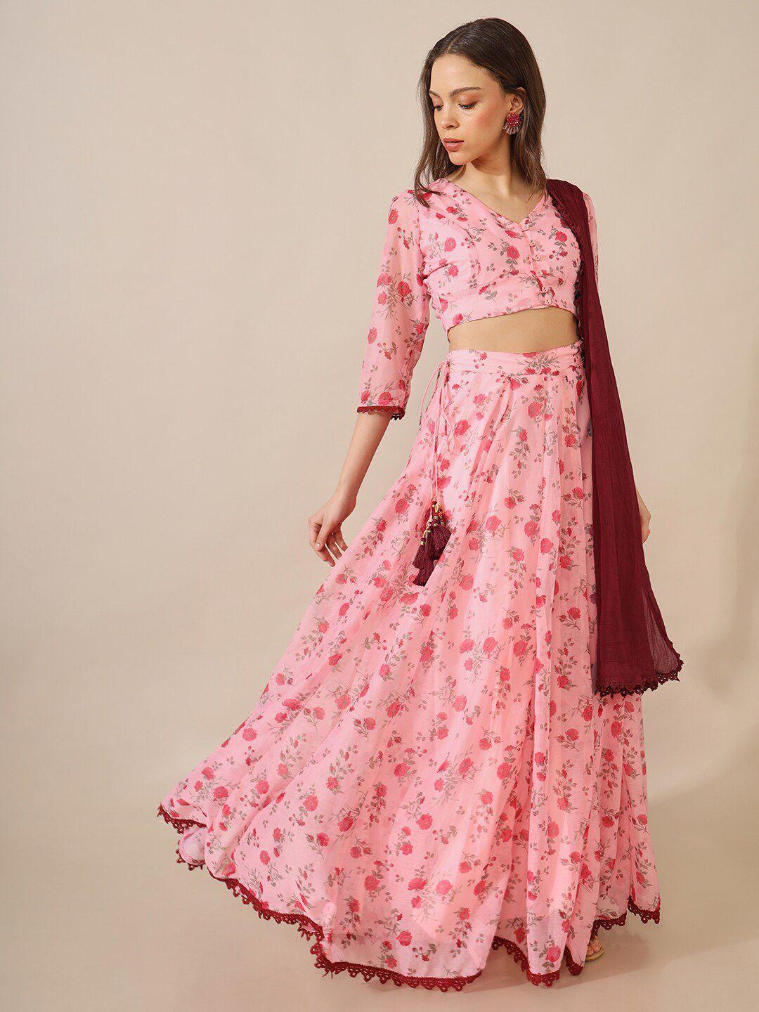saaki pink & maroon printed ready to wear lehenga & blouse with dupatta