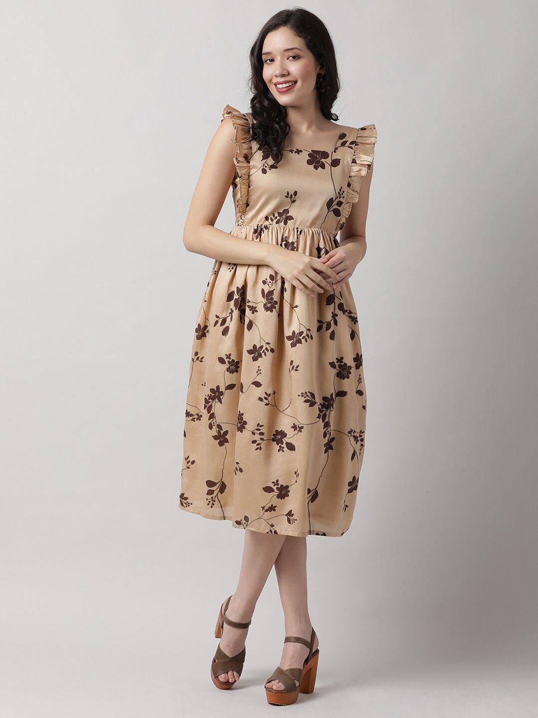 saaki tan & brown floral midi dress