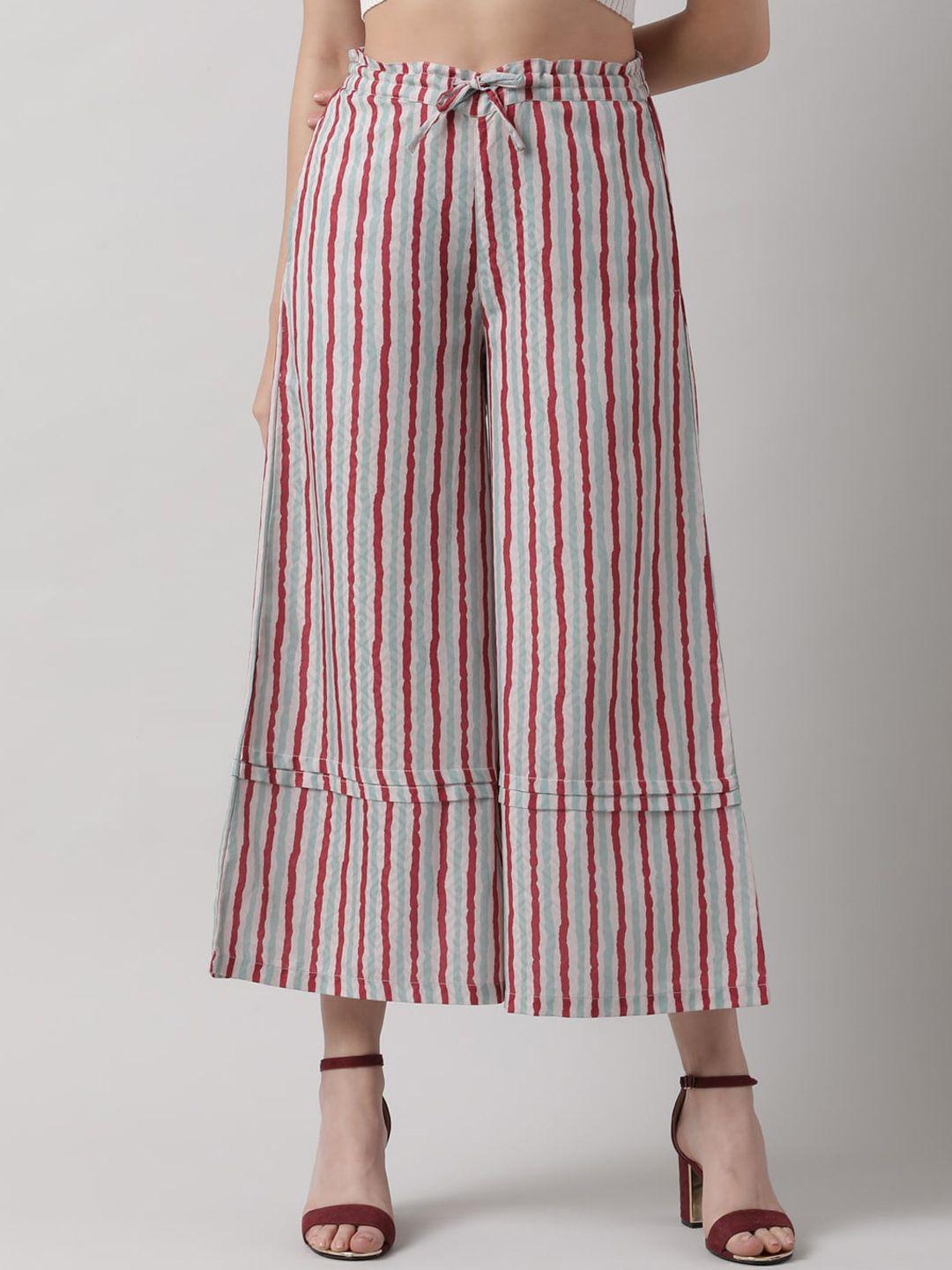 saaki women beige & red striped flared culottes trousers