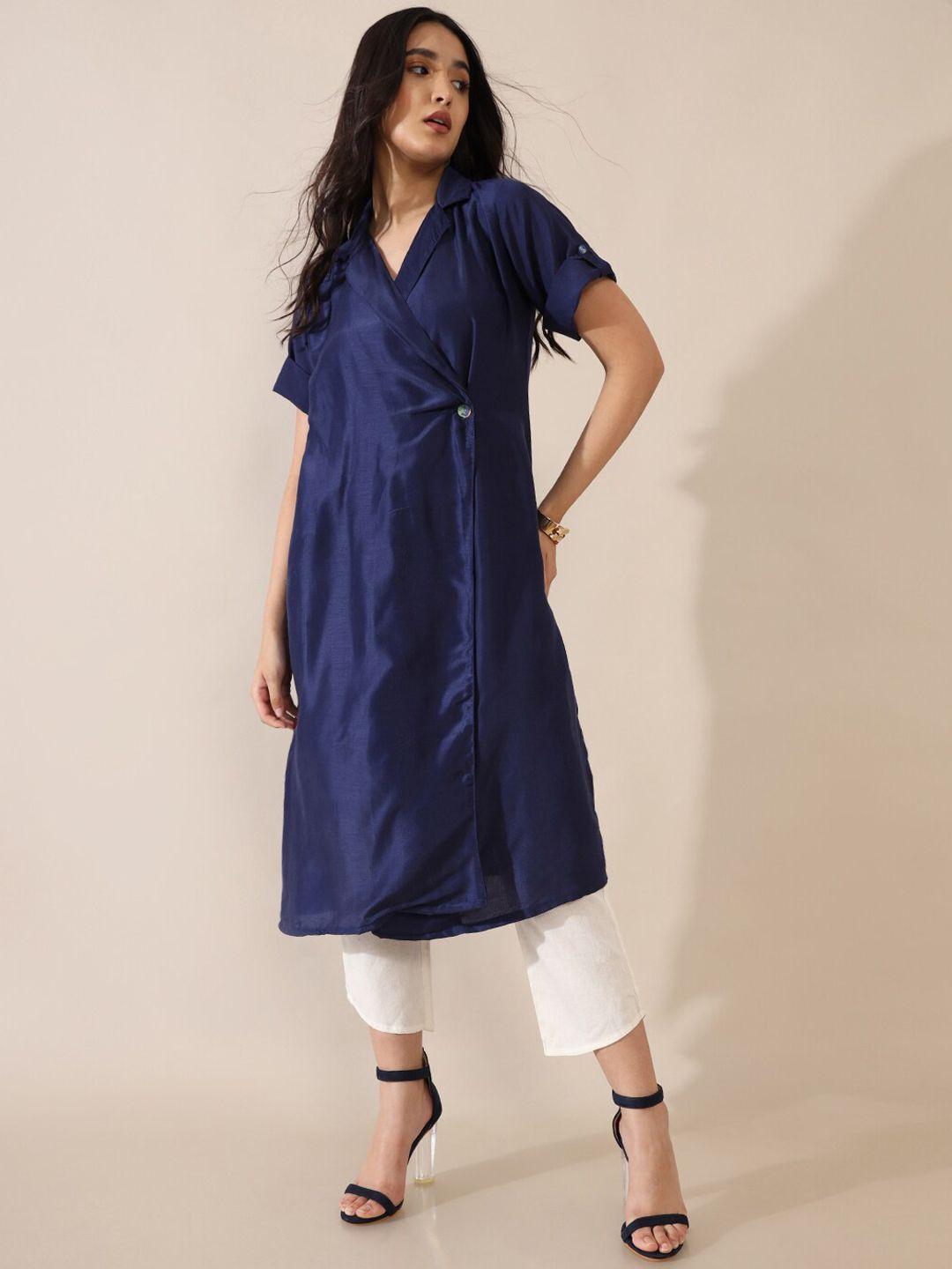 saaki women blue shawl neck kurta