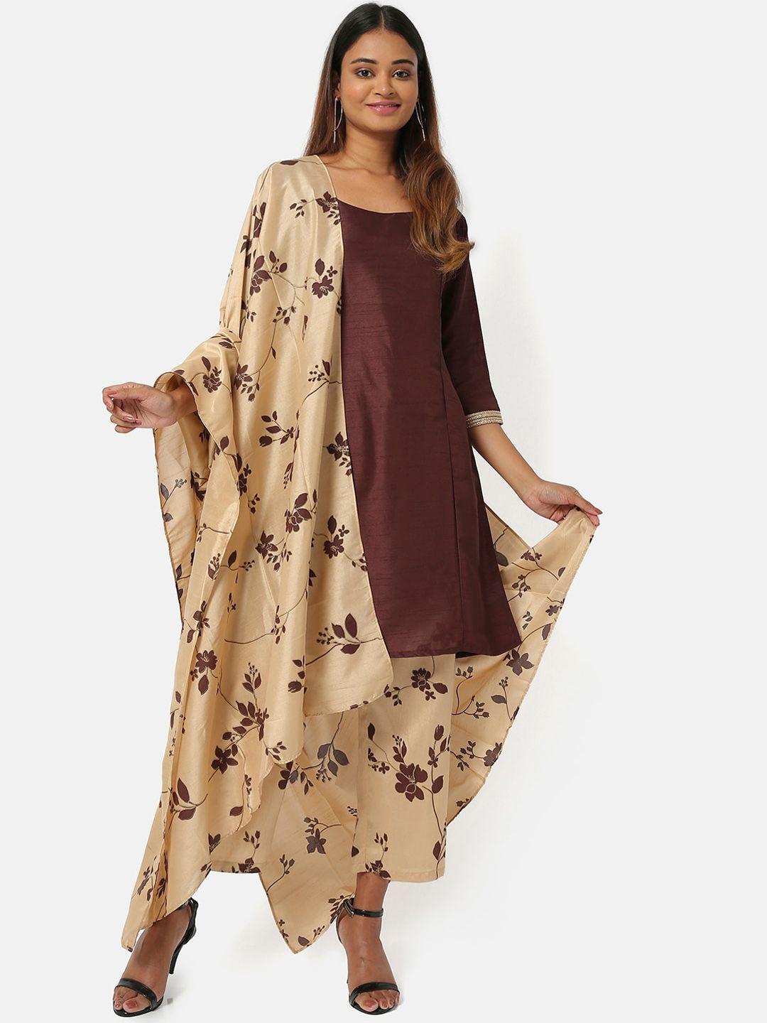 saaki women brown & beige floral printed silk crepe kurta with palazzo & dupatta