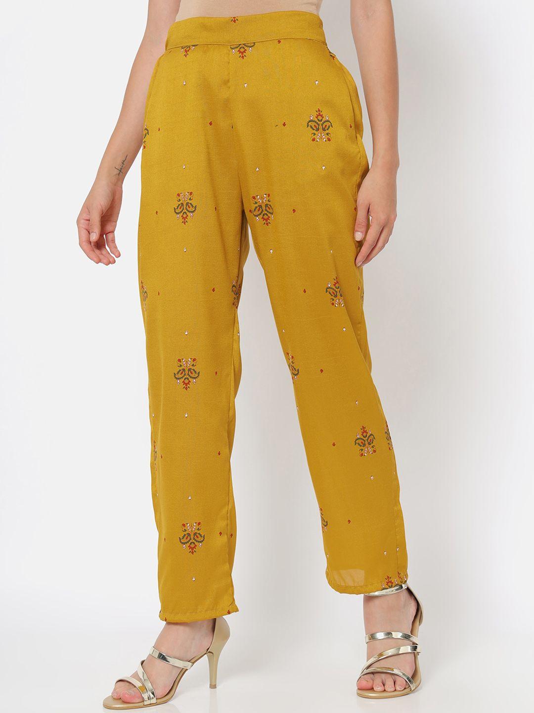 saaki women mustard yellow ethnic motifs printed trousers