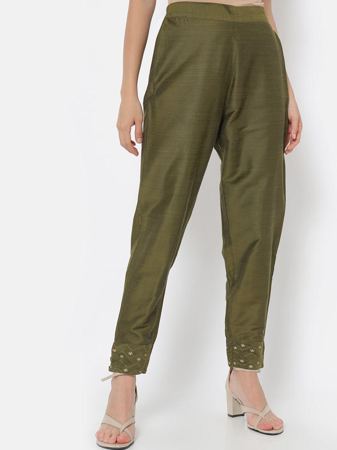 saaki women olive green solid trousers