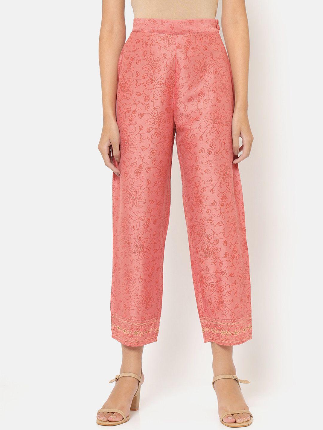 saaki women pink floral printed tapered fit silk trousers