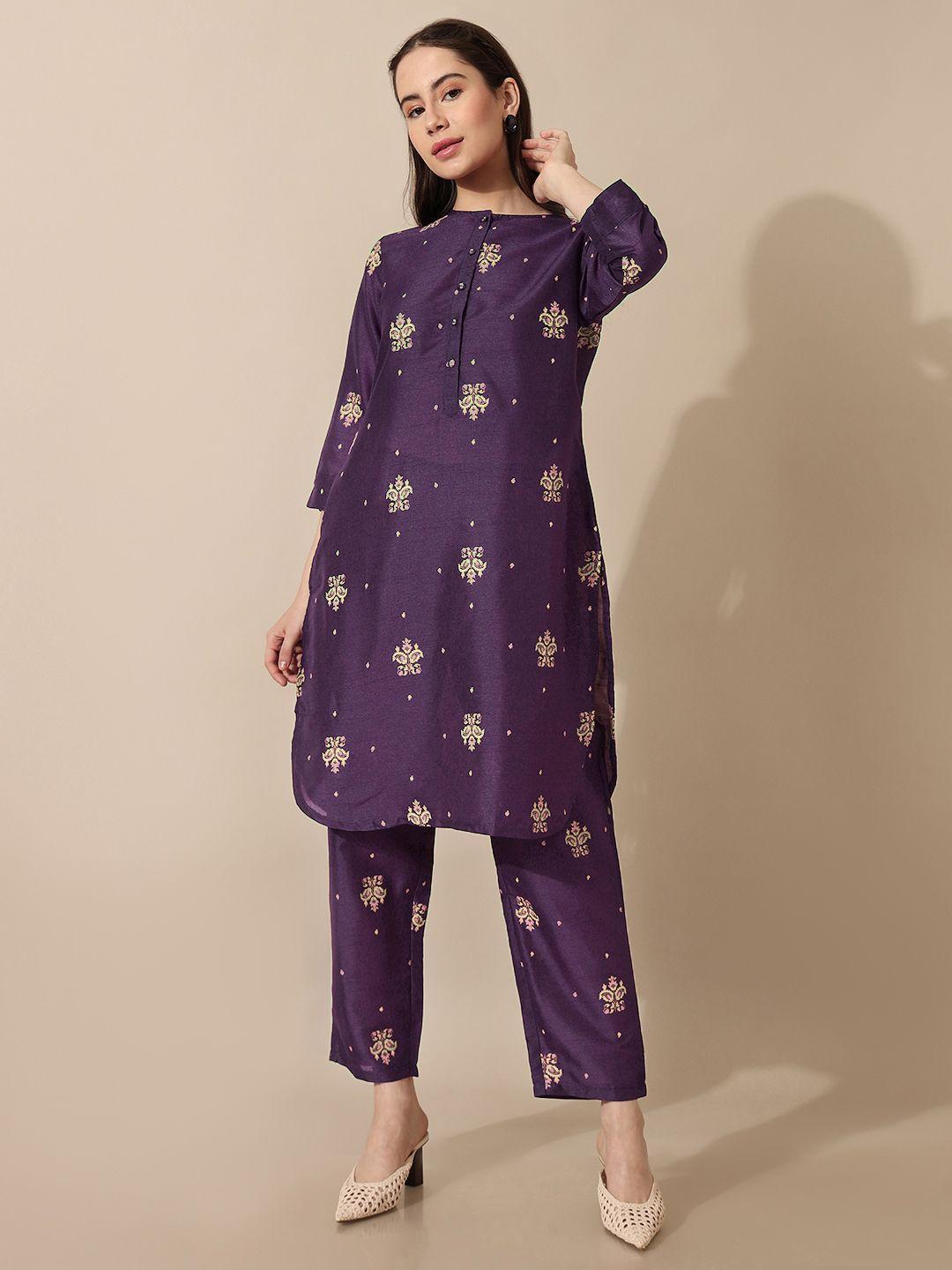 saaki women purple floral embroidered kurti with trousers