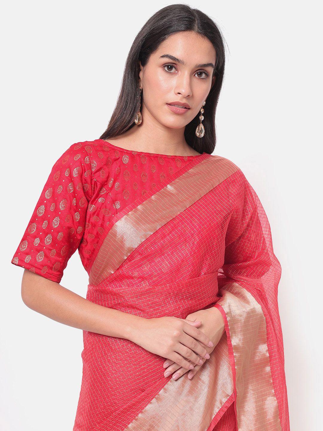 saaki women red & gold-colored printed fitted saree blouse