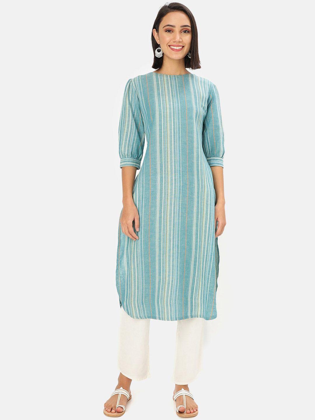 saaki women teal & white striped straight kurta