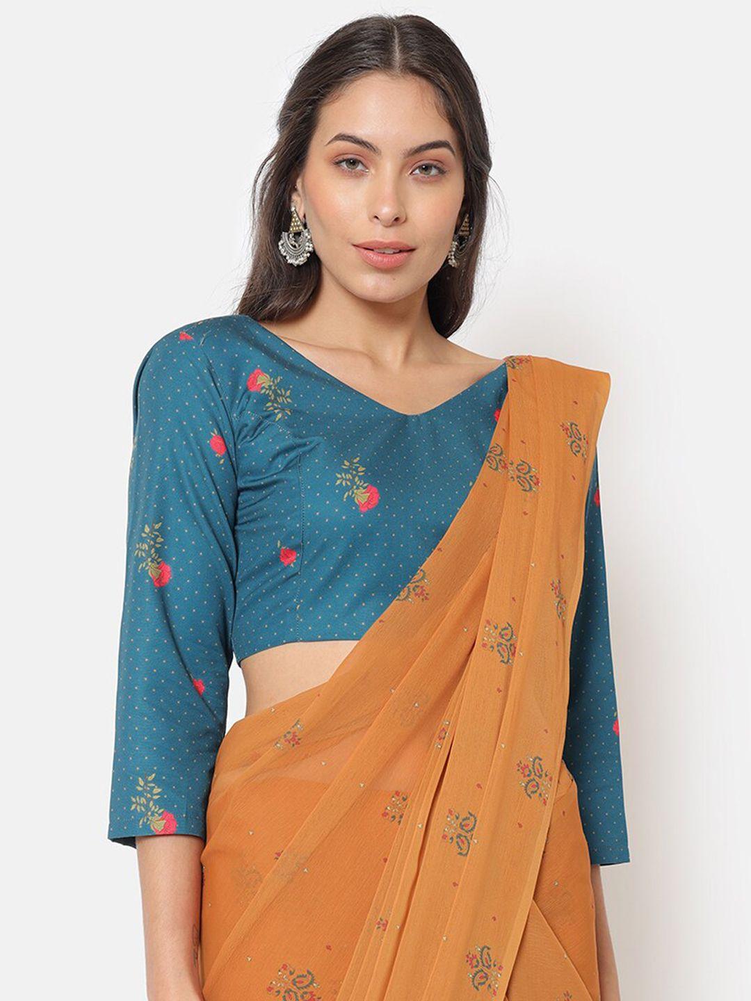 saaki women teal blue printed saree blouse