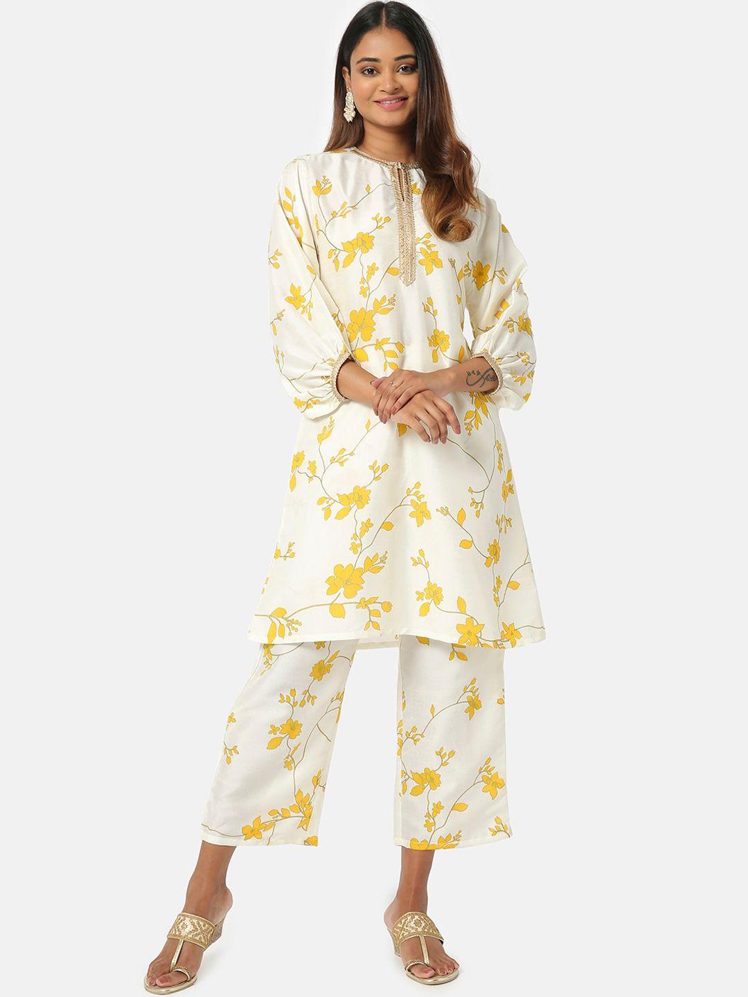 saaki women white & yellow floral printed  round neck a-line kurta