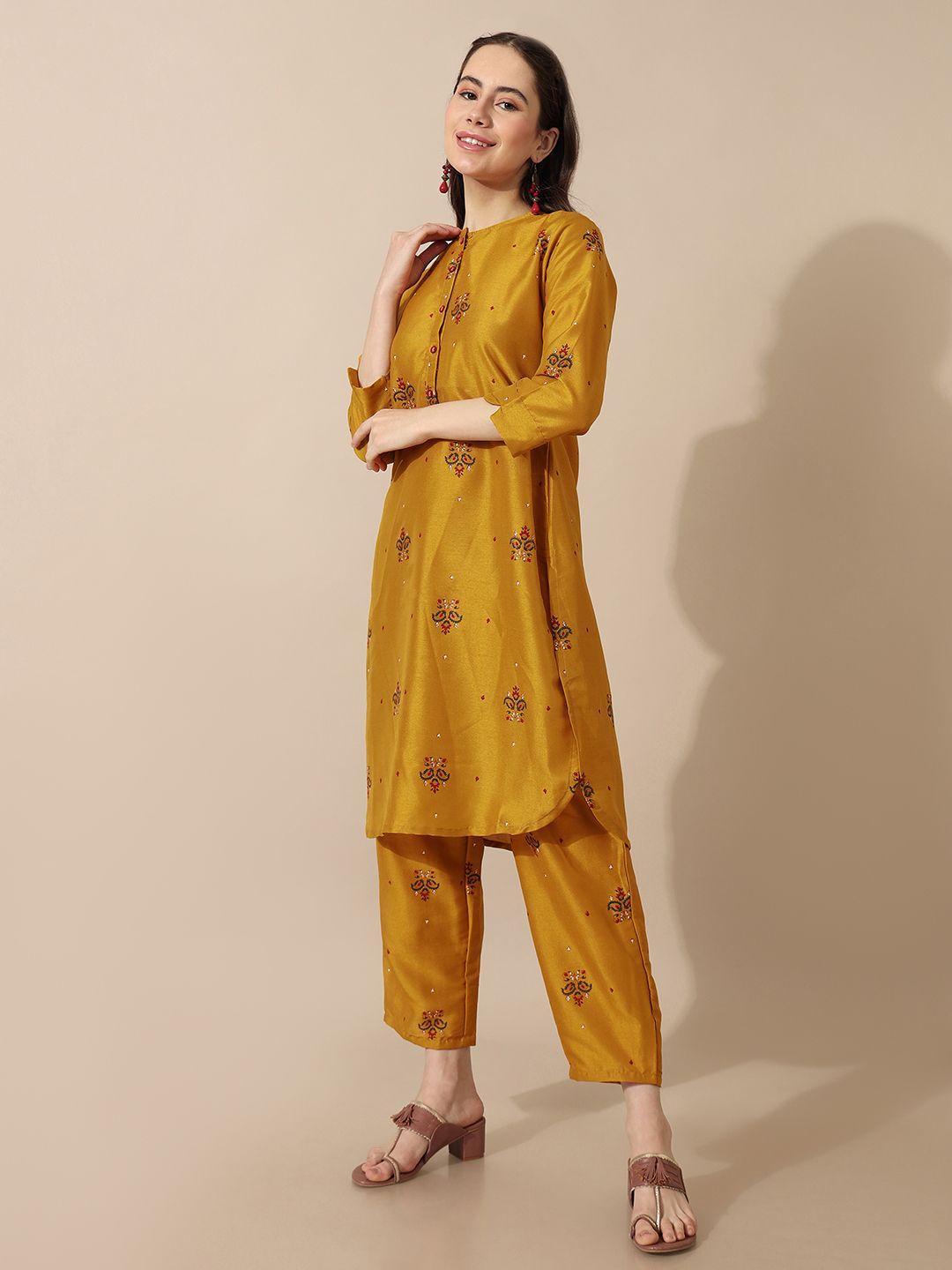 saaki women yellow floral embroidered kurti with trousers