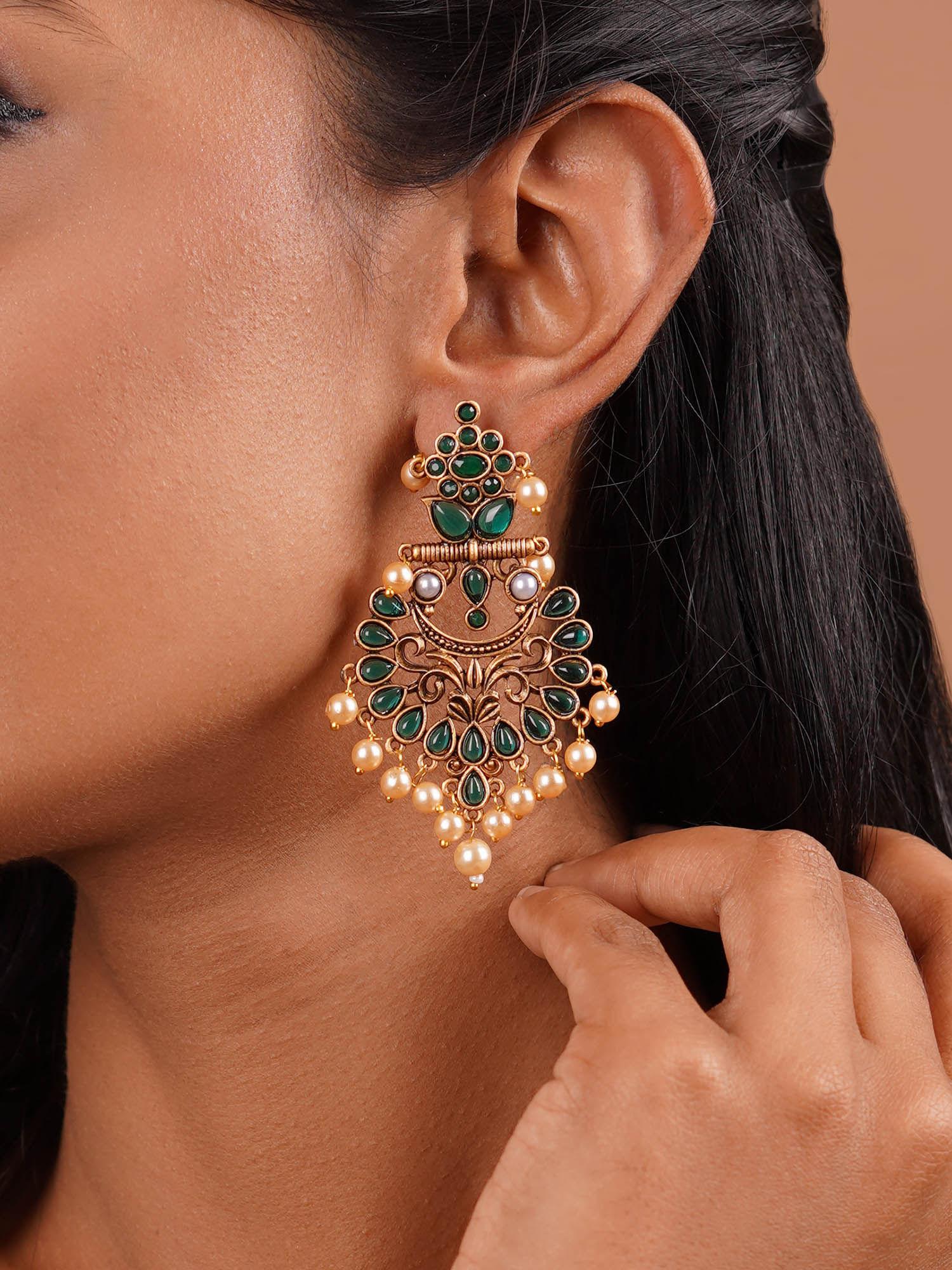 saanchi dark green gold enamel earrings