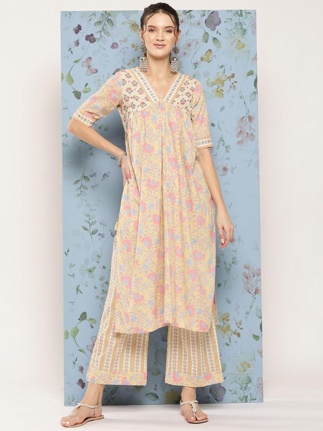 saanjh floral printed mirror work pure cotton kurta with trousers