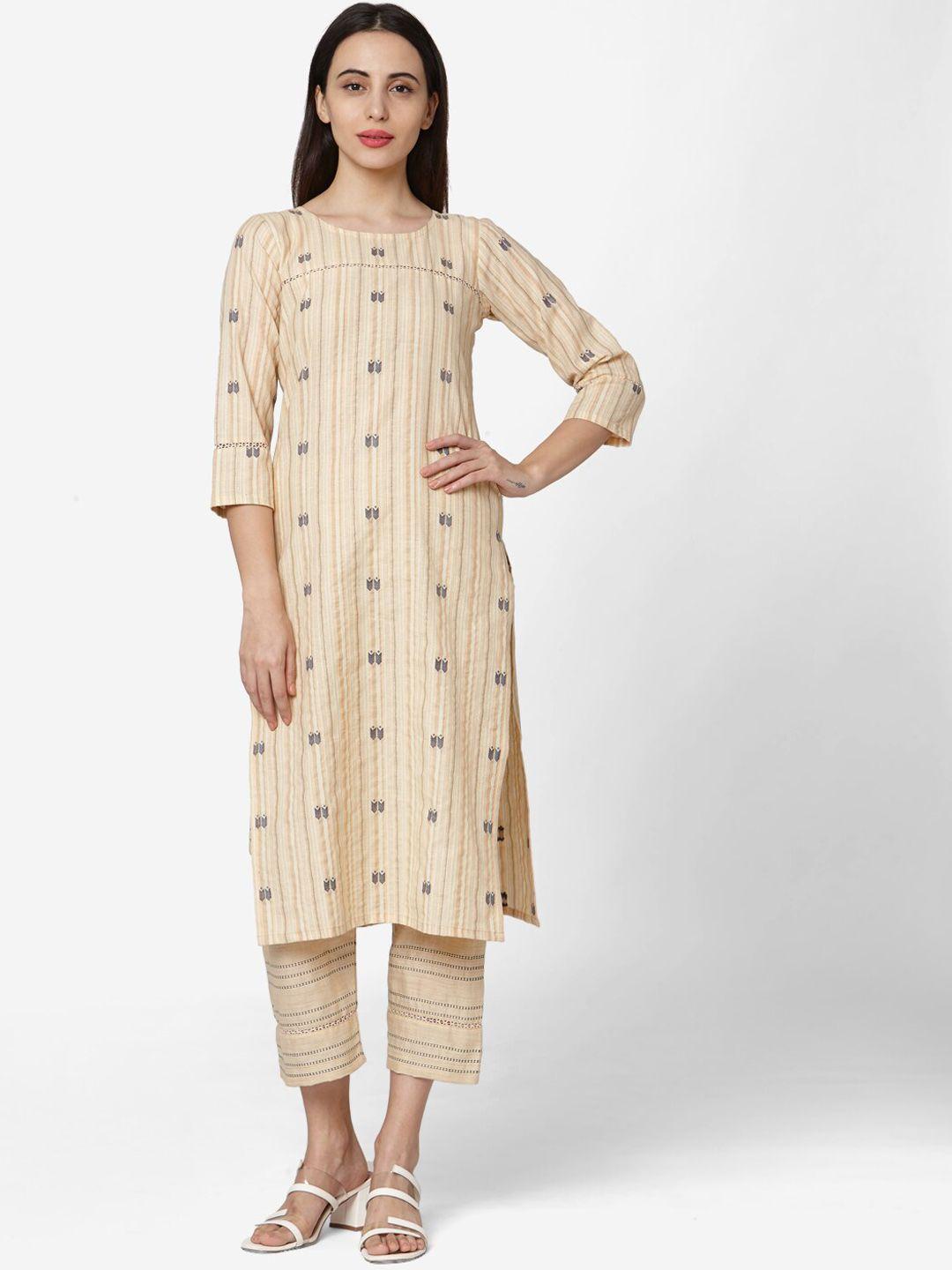 saanjh women cream-coloured printed kurta with trousers