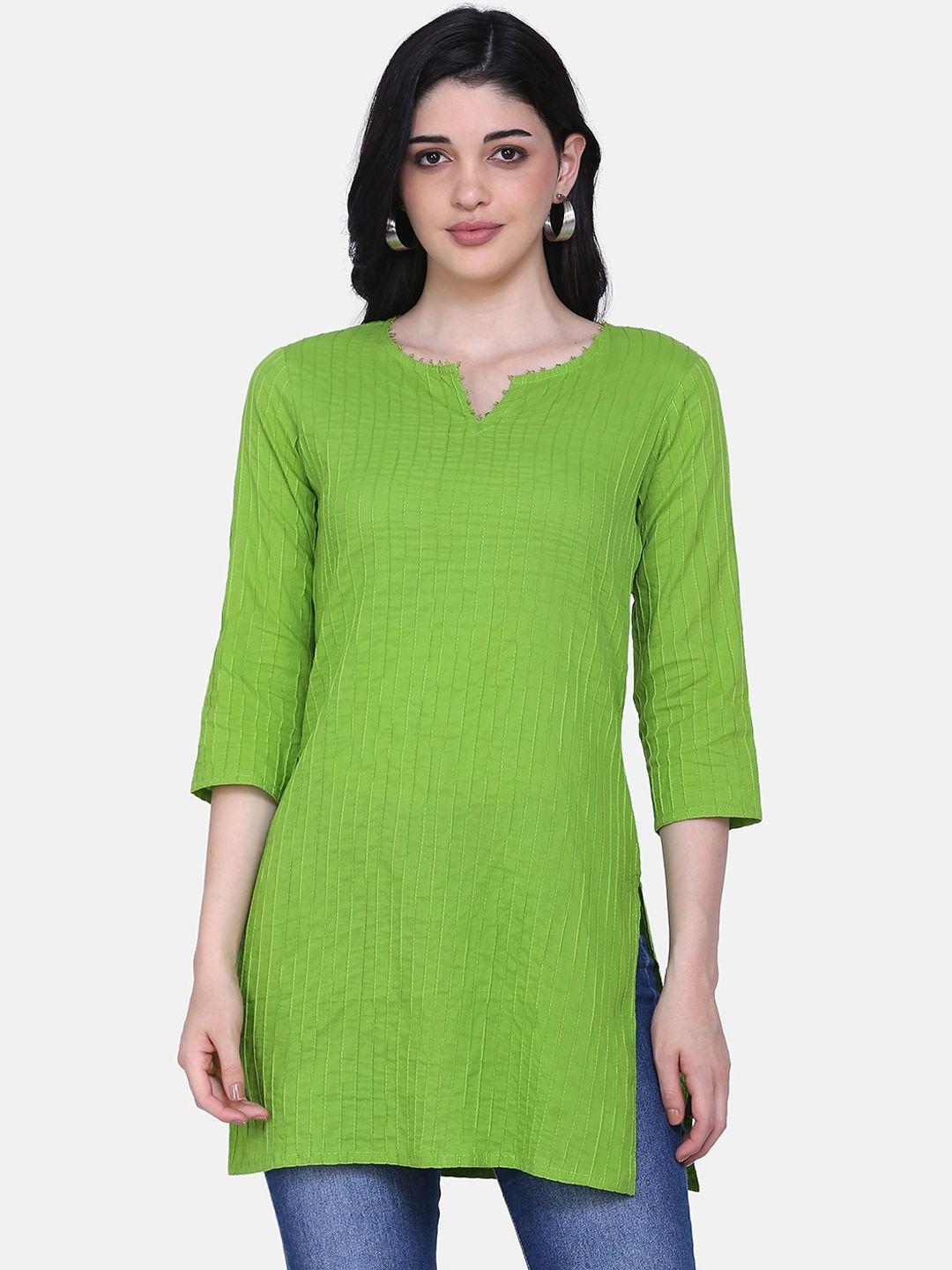 saanjh women green solid straight pure cotton kurti
