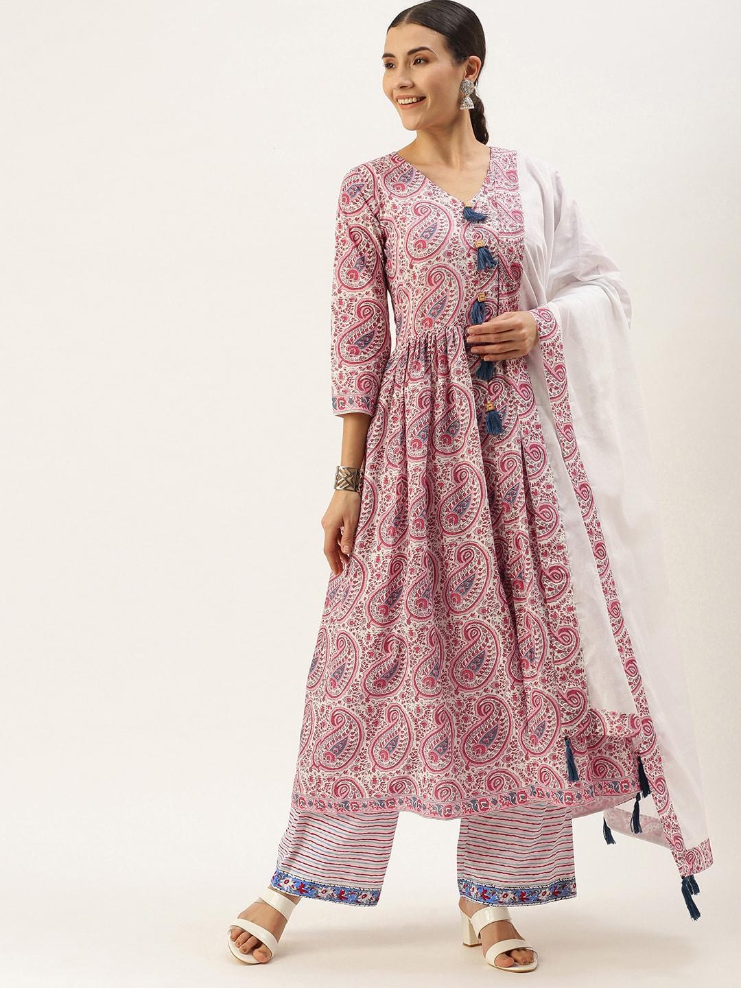 saanjh women pink floral printed regular pure cotton kurta with palazzos & with dupatta
