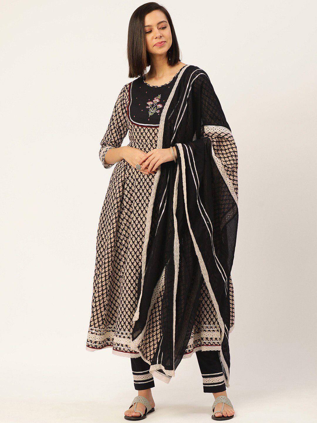 saanjh black ethnic motifs printed pure cotton anarkali kurta & trousers with dupatta