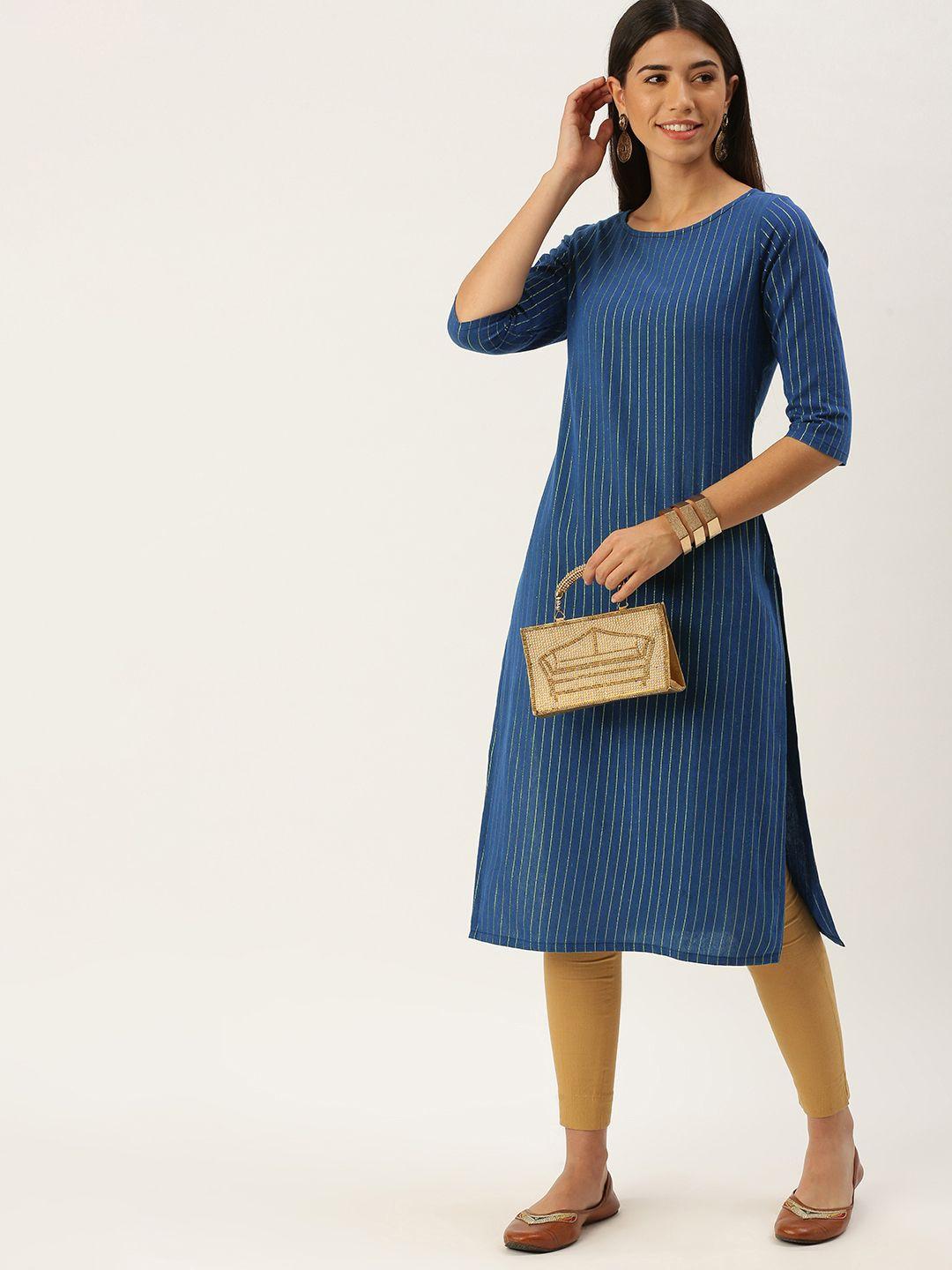 saanjh blue & yellow striped boat neck straight kurti