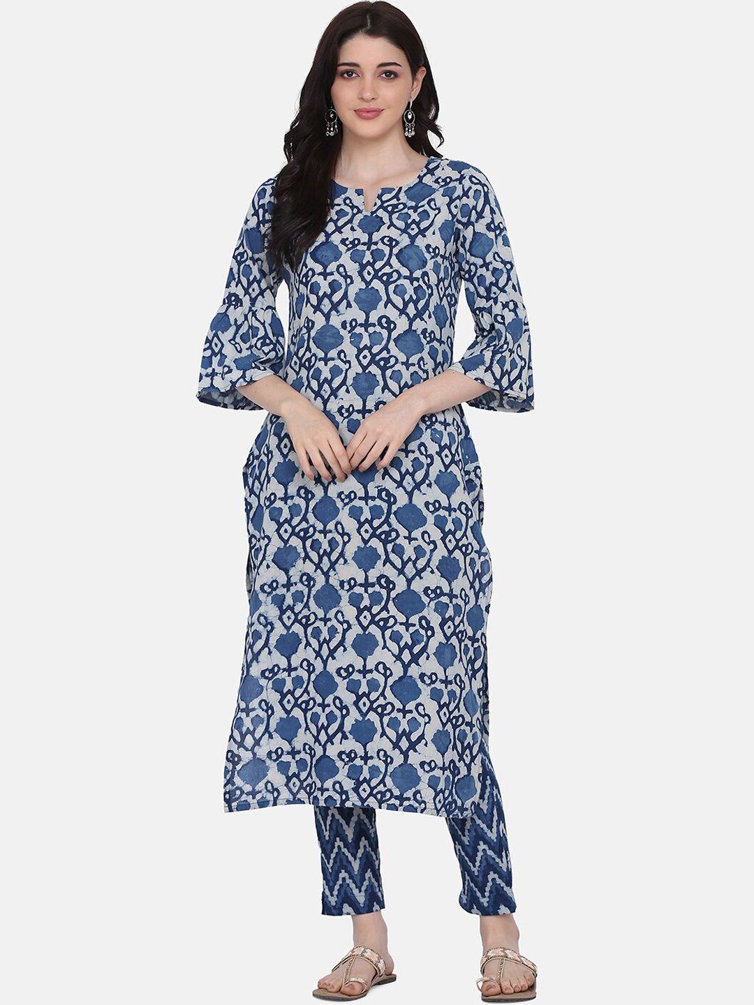 saanjh blue ethnic motifs printed regular straight pure cotton kurta with trousers