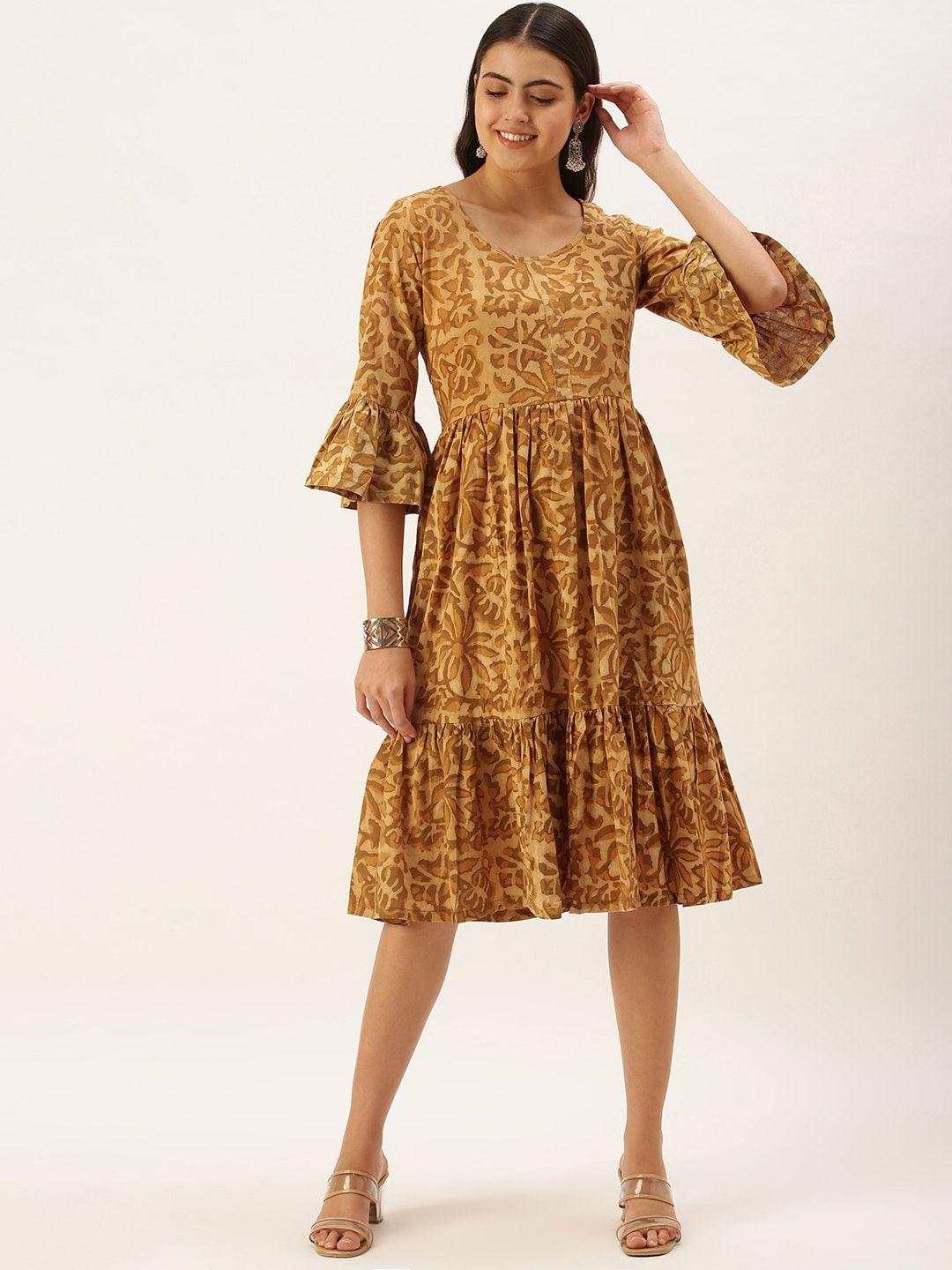 saanjh brown & beige ethnic motifs printed cotton anarkali kurta