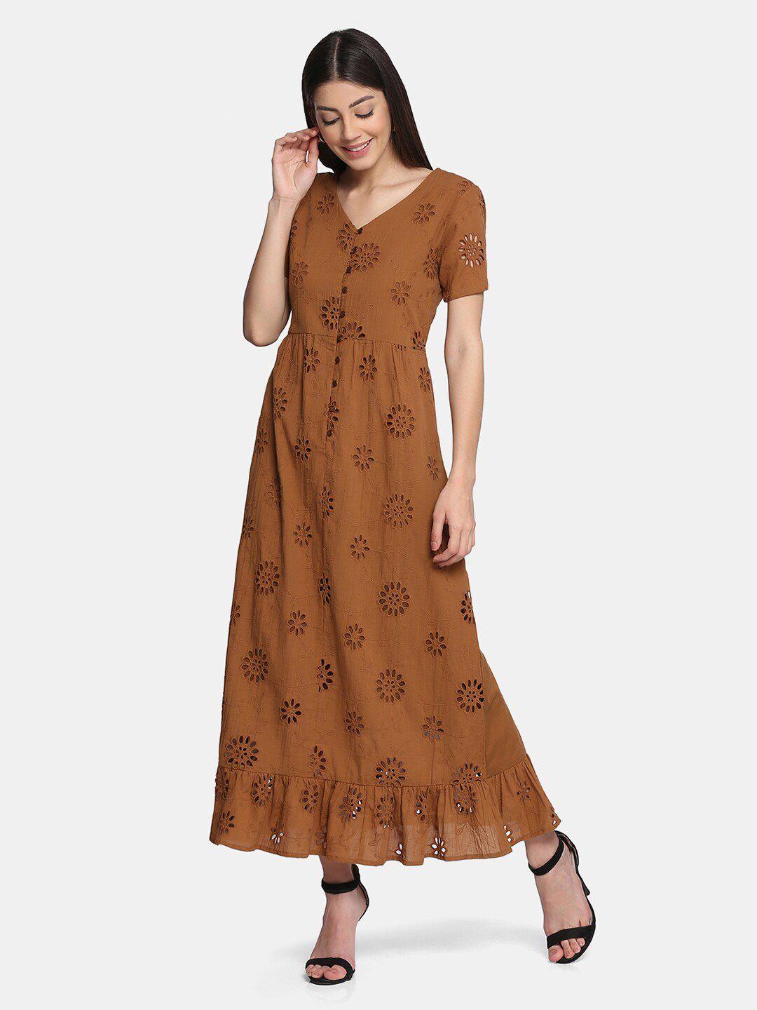 saanjh brown floral embroidered maxi dress