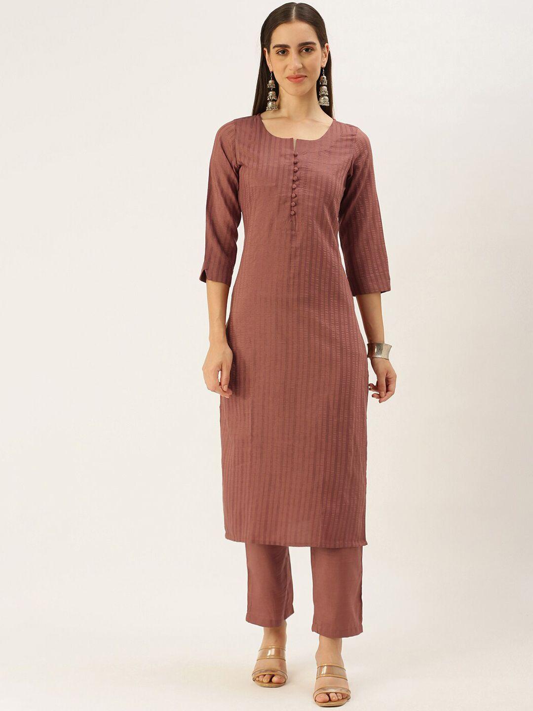 saanjh brown notched neck striped kurta with trousers