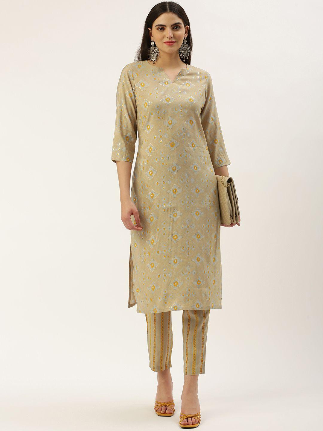 saanjh ethnic motifs printed regular chanderi cotton kurta with trousers
