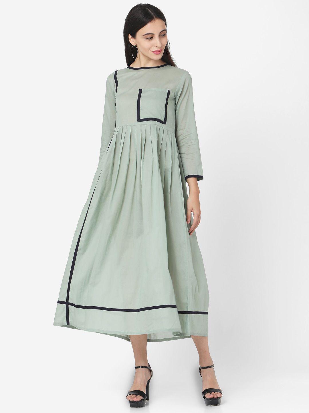 saanjh green cotton pocket details cotton fit & flare midi dress