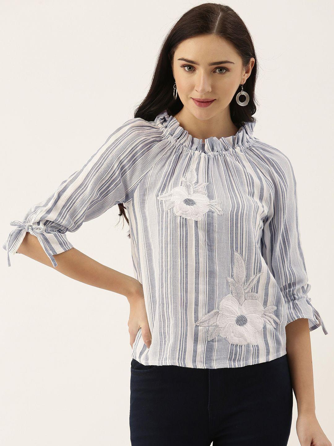 saanjh grey & white striped pure cotton regular top