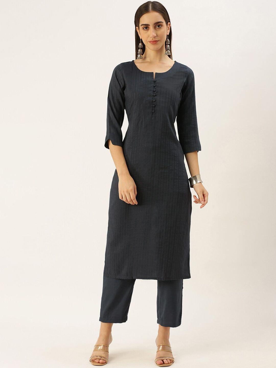 saanjh grey notched neck striped kurta with trousers