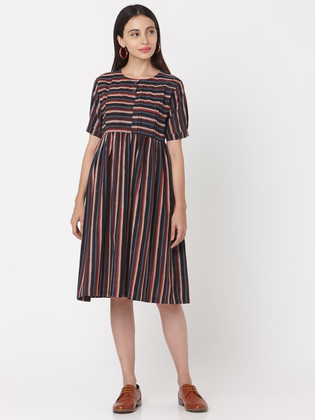 saanjh maroon striped cotton fit & flare dress