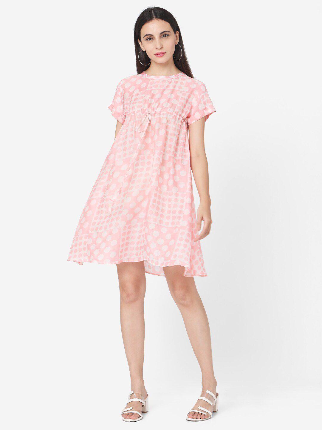 saanjh peach-coloured polka dots printed ruched a-line dress