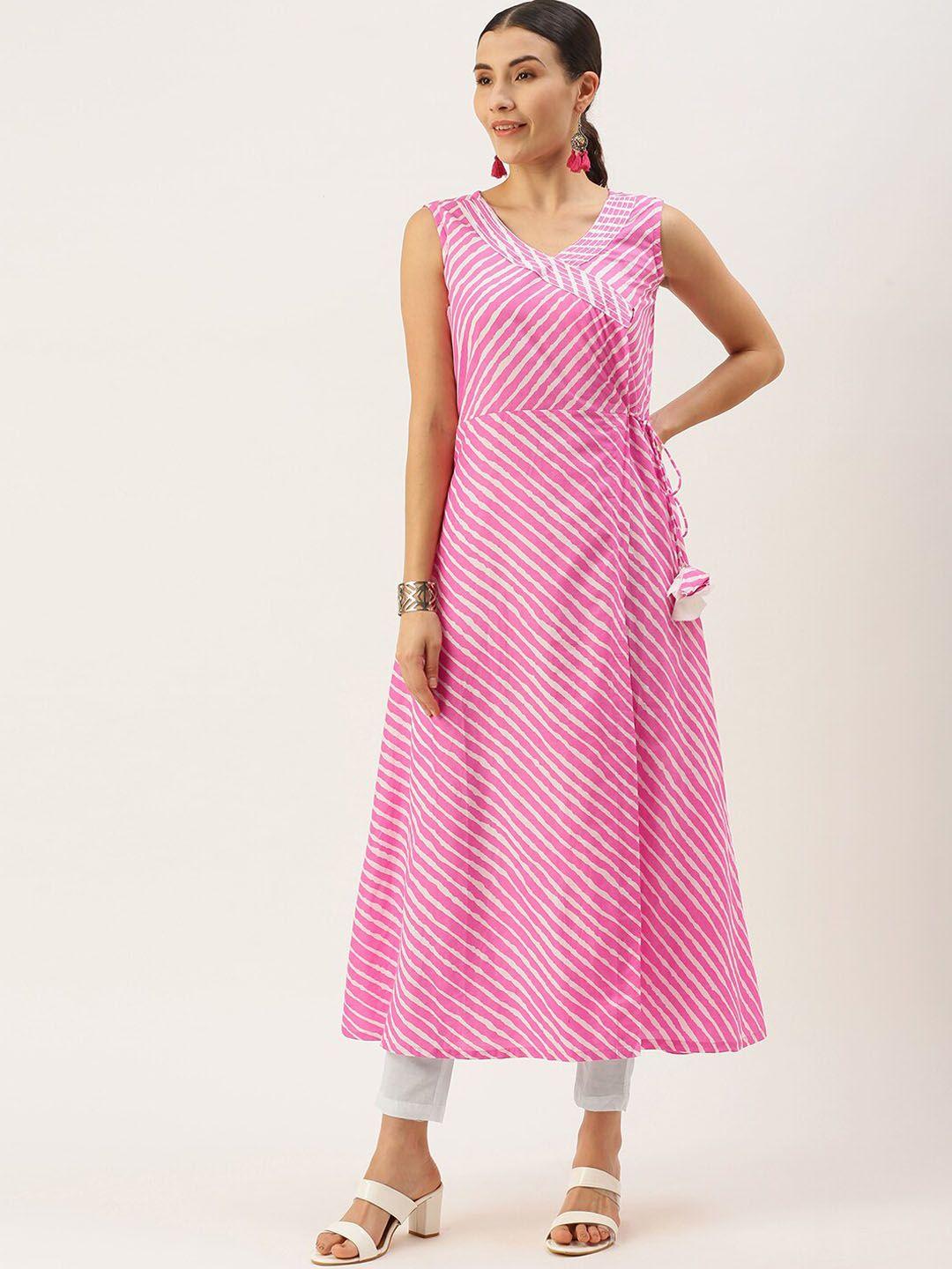 saanjh pink & white leheriya printed pure cotton kurta with trousers