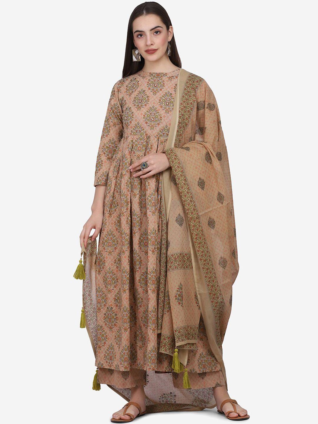 saanjh women beige ethnic motifs printed empire sequinned pure cotton kurta with palazzos & with dupatta