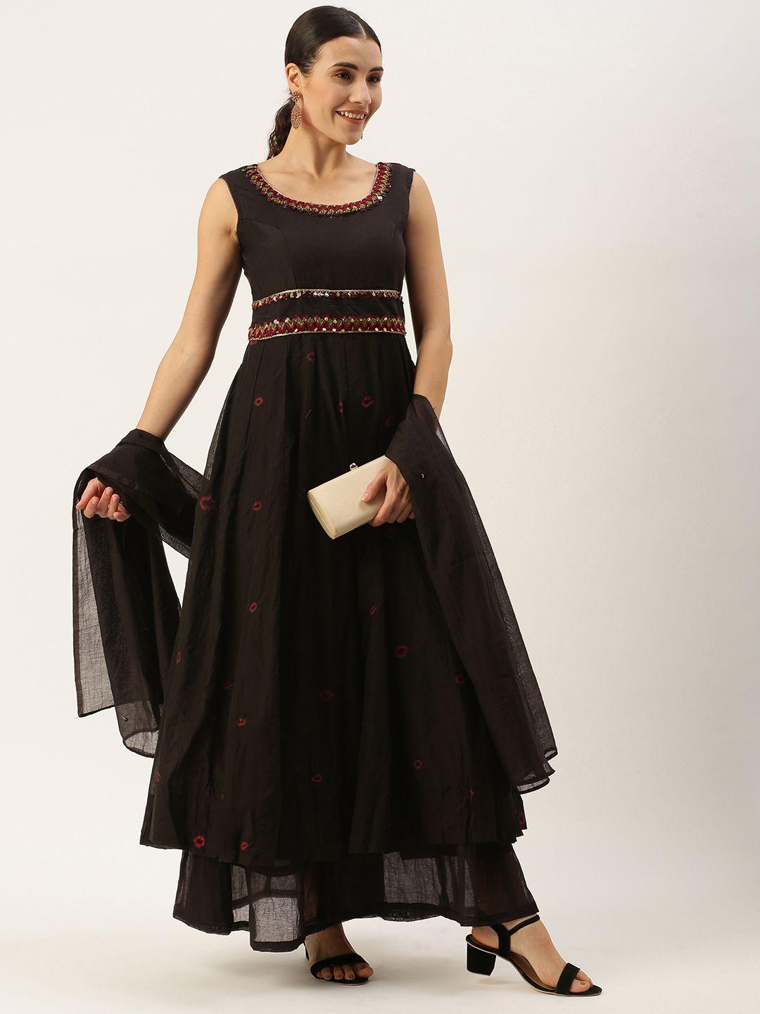 saanjh women black regular sequinned chanderi silk kurta with palazzos & with dupatta