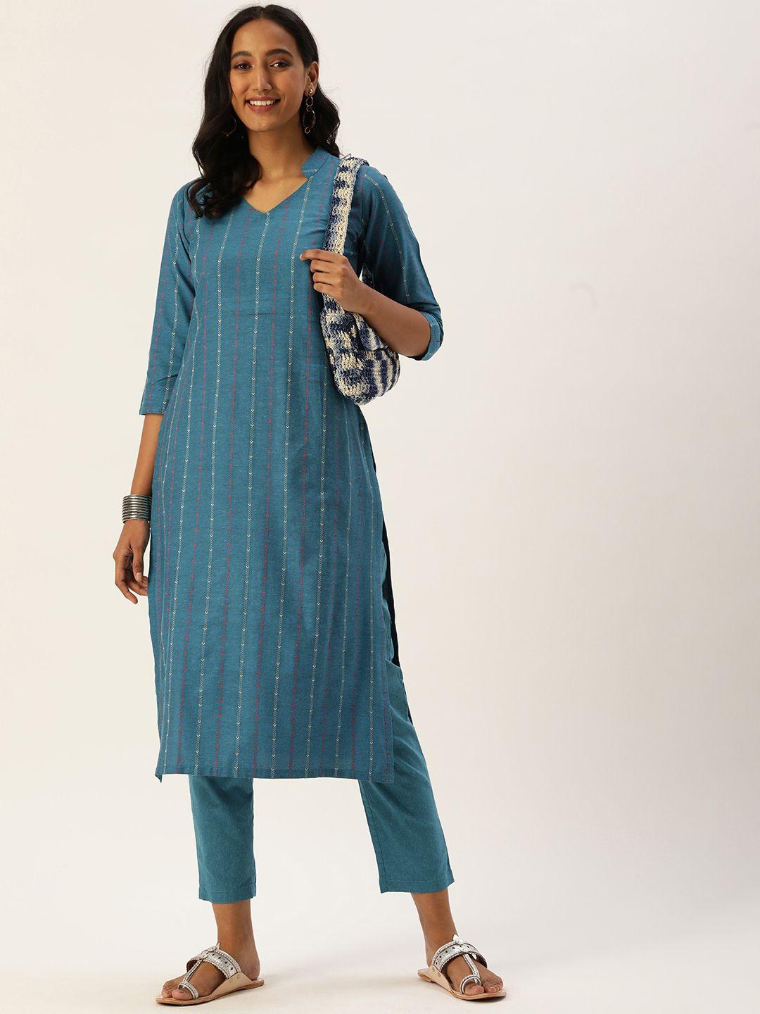 saanjh women blue cotton blend woven designed straight kurti with trousers
