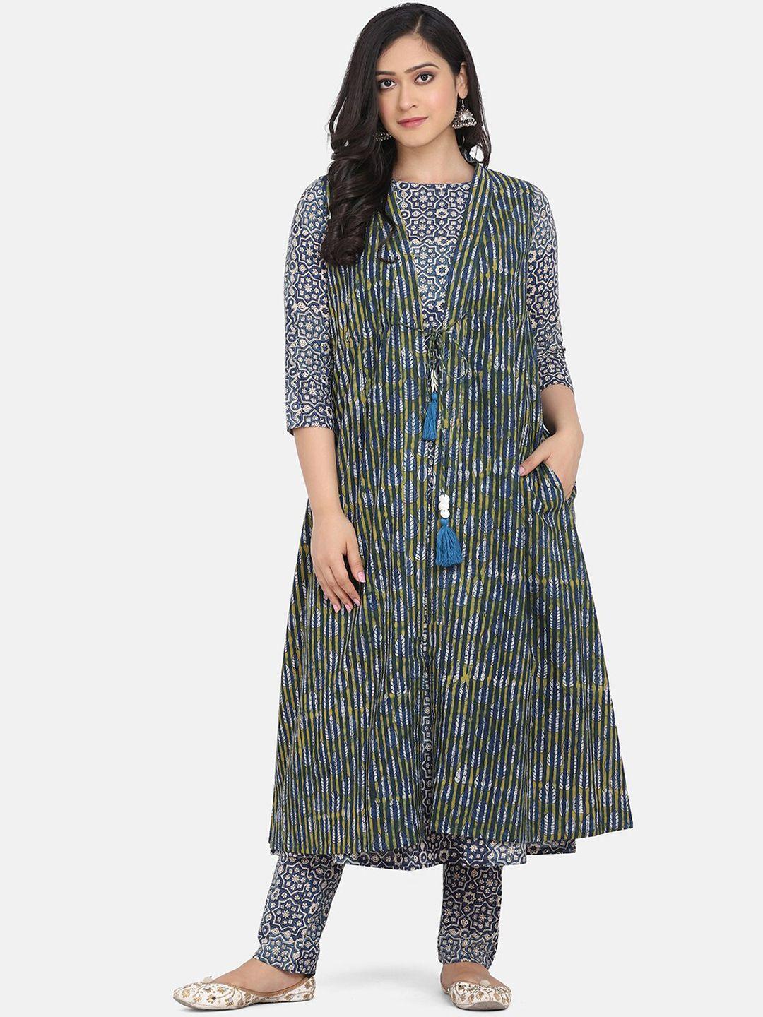 saanjh women blue ethnic motifs printed layered pure cotton kurta with trousers