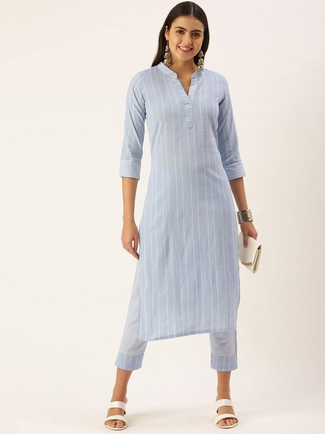 saanjh women blue striped pure cotton kurta with trousers