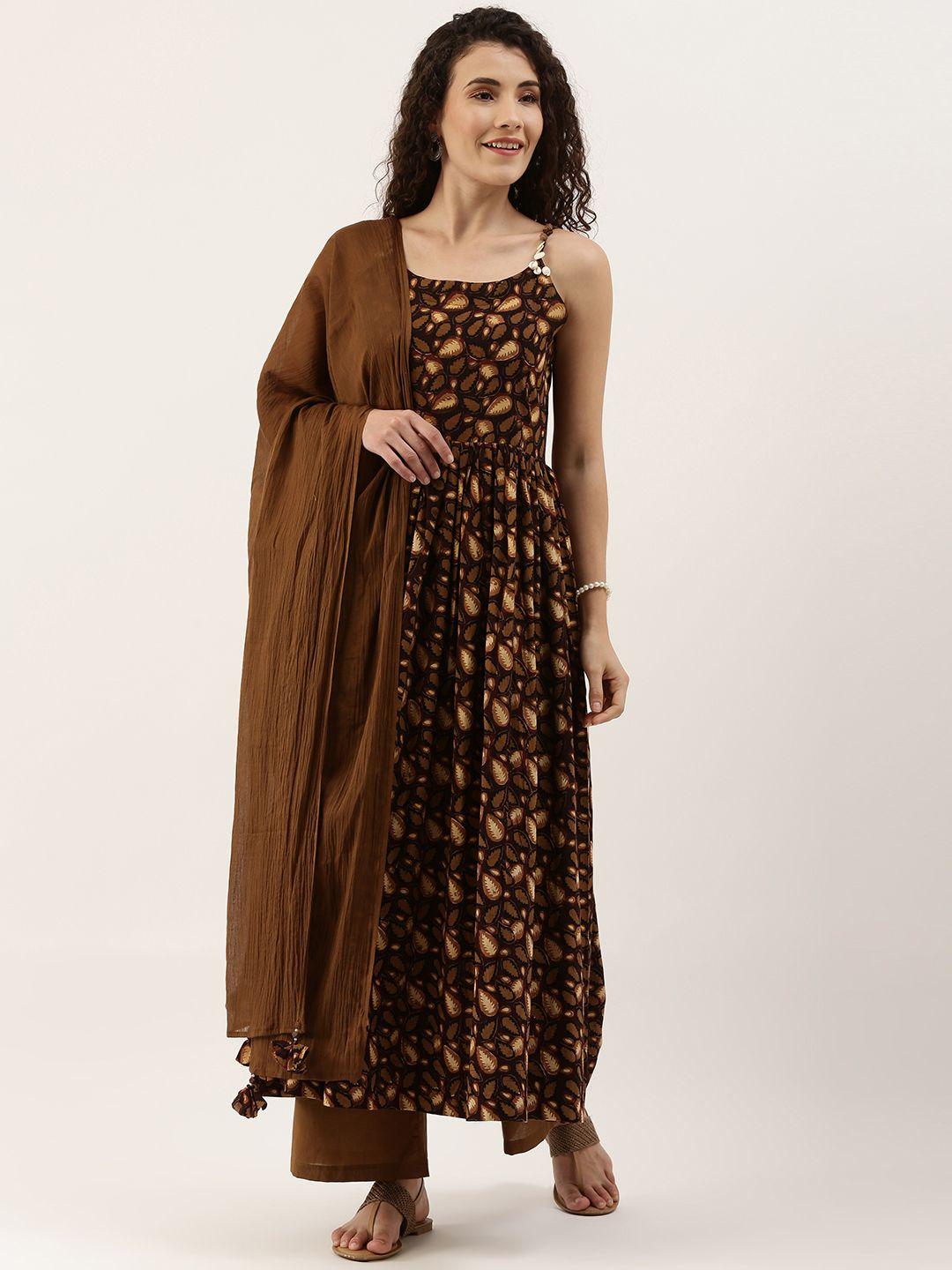 saanjh women brown & beige printed pleated pure cotton kurta set