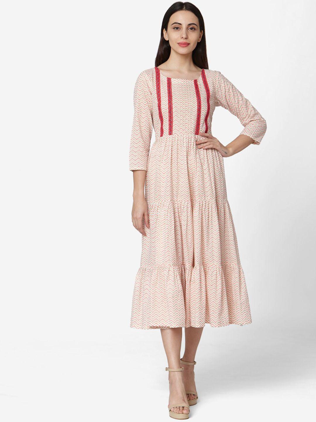 saanjh women cream-coloured printed a-line dress