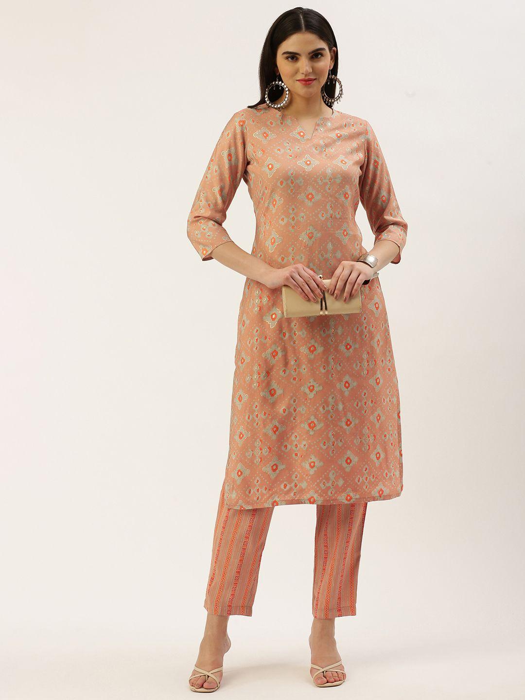 saanjh women ethnic motifs printed regular chanderi cotton kurta with trousers