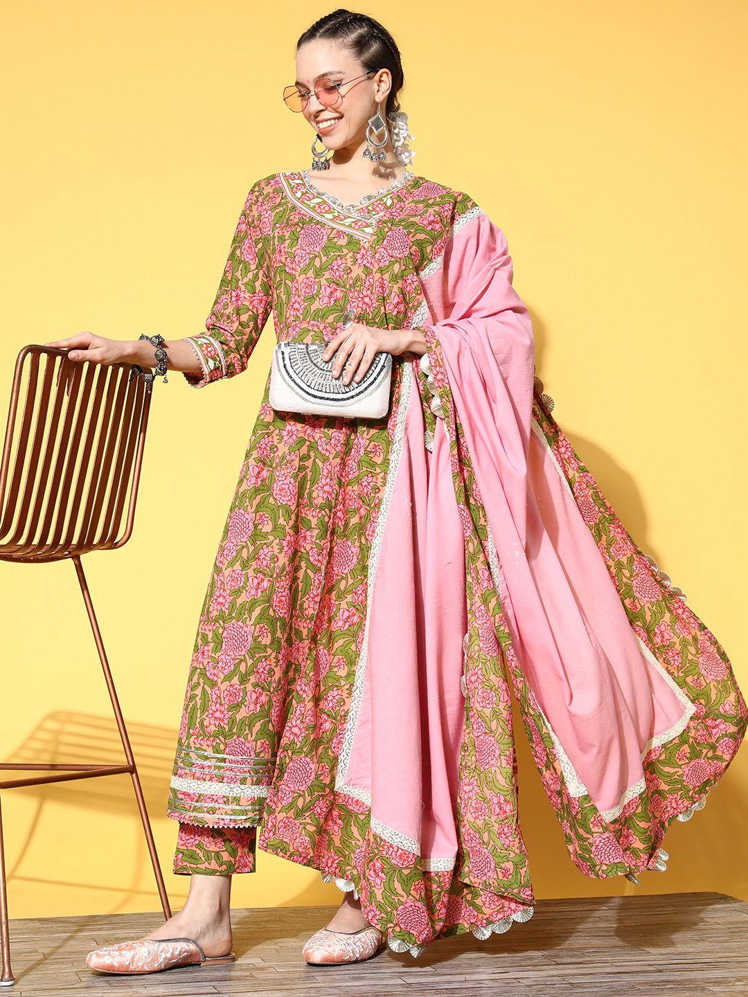 saanjh women floral printed angrakha pure cotton kurta with trousers & with dupatta