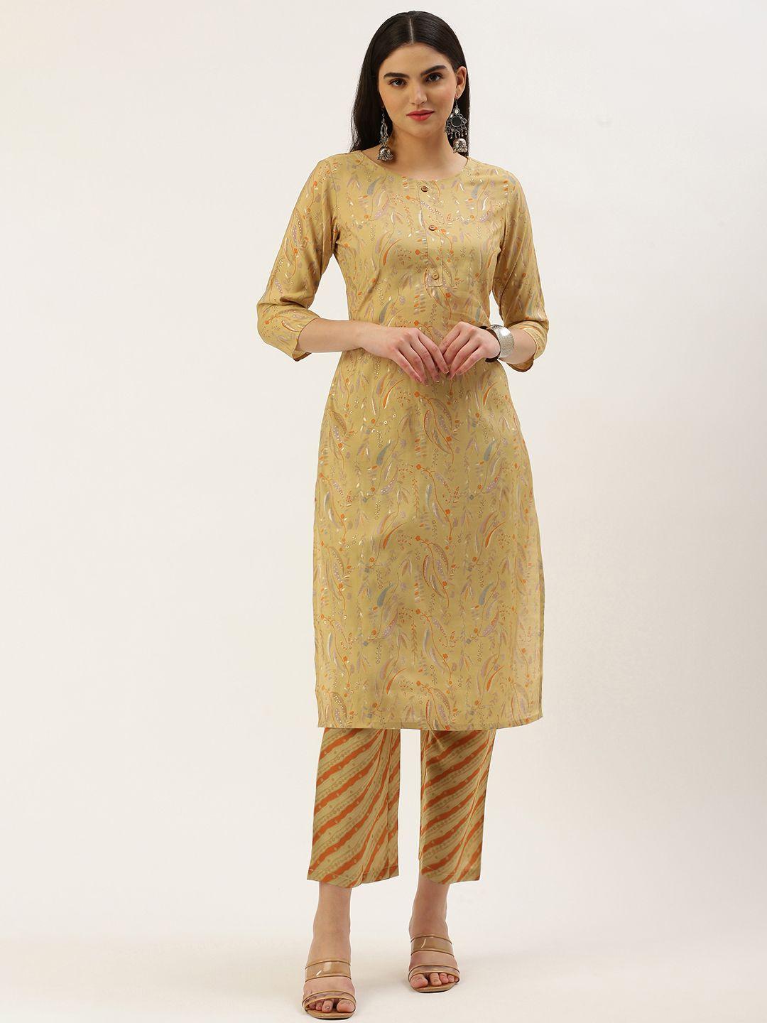 saanjh women floral printed regular chanderi cotton kurta with trousers